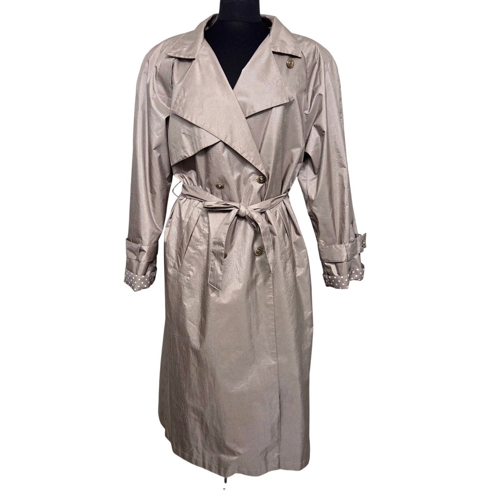 British Mist Women's Metallic Taupe Trench Coat Polka Dot‎ Lining Size L Vintage